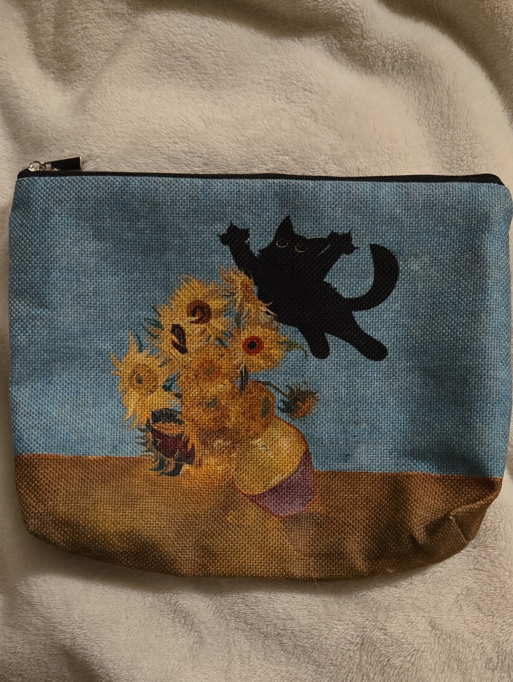 Van Ghogh Cat & Sunflowers Canvas Zipper Purse - Blue